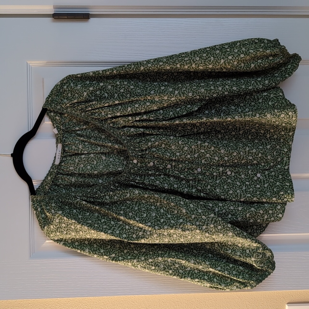 Doen green cotton 3/4 length sleeve blouse sz L EUC